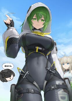 1girl 2girls absurdres allen.n arknights arknights:_endfield belt black_bodysuit blue_eyes bodysuit breasts brown_hair character_request commentary_request covered_navel endfield_industries_logo fingerless_gloves fluorite_(arknights) gloves green_eyes green_hair hair_between_eyes hair_through_hood high_belt highres hood hood_up hooded_shrug latex latex_bodysuit long_hair long_sleeves looking_at_viewer multiple_girls shrug_(clothing) snake_girl snake_tail tail white_shrug