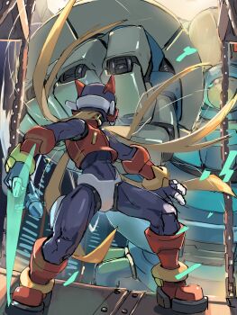 Rule 34 | 1boy, absurdres, android, armor, blonde hair, commentary request, energy sword, full body, helmet, highres, holding, holding sword, holding weapon, humanoid robot, long hair, looking back, male focus, mega man (series), mega man zero (series), omochi (mochi skymega), red armor, red helmet, robot, standing, sword, weapon, z saber, zero(z) (mega man), zero (mega man)