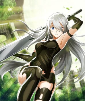 Rule 34 | 1girl, a2 (nier:automata), arm up, armband, armpits, black armband, black gloves, black shirt, black thighhighs, blue eyes, breasts, closed mouth, day, elbow gloves, eyes visible through hair, feet out of frame, from below, game cg, gloves, green sky, grey hair, hair over one eye, holding, holding sword, holding weapon, joints, leaf, long hair, looking at viewer, medium breasts, mole, mole under mouth, nier:automata, nier (series), official art, outdoors, pillar, robot joints, ruins, shirt, sky, sleeveless, sleeveless shirt, solo, sunlight, sword, thighhighs, third-party source, toji no miko, toji no miko: kizamishi issen no tomoshibi, tree, weapon