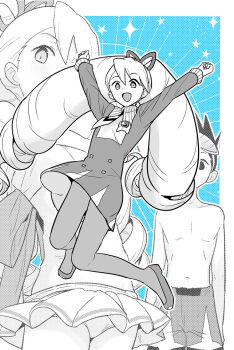 1boy 1girl bikini blue_background dress drill_hair eyewear_on_head geo_stelar_(mega_man) heriyama highres long_hair luna_platz_(mega_man) male_swimwear mega_man_(series) mega_man_star_force_(series) midriff open_mouth pantyhose smile sparkle swim_trunks swimsuit twin_drills very_long_hair