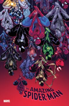 1boy arthropod_boy black_bodysuit bodysuit character_name comic_cover commentary copyright_logo copyright_name english_commentary glowing gradient_background head_tilt highres iron_spider_armor logo looking_at_viewer male_focus man-spider marvel monster_boy multiple_persona muscular muscular_male official_alternate_costume official_art red_background russell_dauterman spider-man spider-man_(series) spider-verse spider_boy spider_web_print superhero_costume symbiote upside-down white_bodysuit