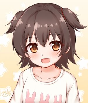 1girl akagi_miria animal_print brown_eyes brown_hair collarbone highres idolmaster idolmaster_cinderella_girls open_mouth rabbit_print shirt short_hair smile solo star_(symbol) star_symbol_background t-shirt two_side_up upper_body white_shirt zanne