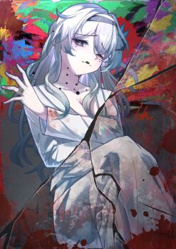 1girl absurdres black_eyes black_hairband breasts cleavage collarbone commentary_request firefly_(honkai:_star_rail) grey_hair hair_between_eyes hairband highres honkai:_star_rail honkai_(series) limbus_company long_hair long_sleeves looking_at_viewer memeiradesuyo project_moon ring_(identity)_(project_moon) smile solo white_hair