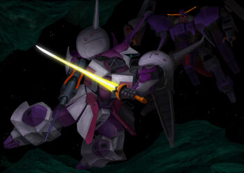 Rule 34 | asteroid, battle, beam rifle, byalant isolde, commentary request, duel, energy gun, energy sword, glowing, gundam, gundam: twilight axis, highres, machinery, mecha, mecha focus, mobile suit, neo zeon, no humans, one-eyed, r-jarja, red eyes, robot, science fiction, shoulder spikes, space, spikes, star (sky), sword, thrusters, volkov-1953, weapon, zero gravity