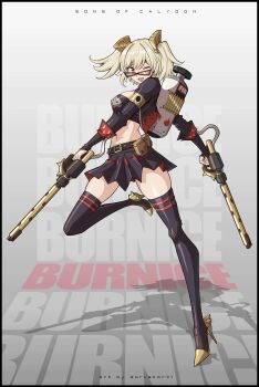 Rule 34 | 1girl, absurdres, belt, black belt, black jacket, black skirt, black thighhighs, black tube top, blonde hair, breasts, burnice white, character name, crop top, darkstar31, flamethrower, full body, grey background, high heels, highres, holding, holding flamethrower, holding weapon, jacket, large breasts, leg up, midriff, navel, one eye closed, open mouth, pleated skirt, red eyes, shadow, shoes, skirt, solo, spiked jacket, stomach, strapless, thighhighs, tinted eyewear, tube top, two side up, weapon, yellow shoes, zenless zone zero