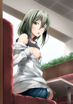 1girl areola_piercing blush breasts clothes_lift female_focus flashing green_eyes green_hair highres looking_at_viewer nipple_piercing nipples oppai_challenge piercing presenting_breasts public_indecency shirt_lift short_hair sitting small_breasts solo sweat urabuko
