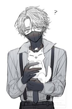 1boy ? aesop_carl aesop_carl_(iridescence) animal cat glasses gloves greyscale hair_intakes head_tilt highres holding holding_animal holding_cat identity_v looking_at_viewer male_focus mask monochrome mouth_mask official_alternate_costume pants round_eyewear shirt solo striped_clothes striped_shirt suspenders suyapipi upper_body vertical-striped_clothes vertical-striped_shirt watermark