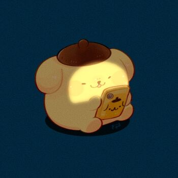 blue_background cellphone commentary holding holding_phone no_humans phone pompompurin sanrio smartphone solo symbol-only_commentary tenmiyakiyo