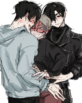 3boys absurdres alien_stage black_hair black_jacket black_shirt blush boy_sandwich brown_hair chain chain_necklace commentary dual_persona english_commentary glasses grey_hair grey_hoodie hawk_till highres hood hoodie ivan_(alien_stage) jacket jewelry multiple_boys necklace official_alternate_costume sandwiched shirt short_hair till_(alien_stage) very_short_hair yaoi