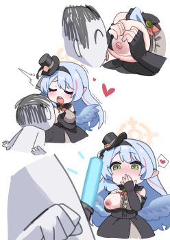 1girl absurdres bare_shoulders black_dress black_gloves black_hat blue_archive blue_hair blue_wings blush breast_sucking breasts chibi commentary_request covering_own_mouth denpatou doodle_sensei_(blue_archive) dress elbow_gloves feathered_wings fingerless_gloves flower gloves glowstick green_eyes grey_dress halo hat hat_flower heart heart_hands hetero highres implied_erection large_breasts long_hair looking_at_viewer low_wings mine_(blue_archive) mine_(idol)_(blue_archive) mini_hat mini_top_hat multiple_views nipples official_alternate_costume one_breast_out open_mouth red_flower red_rose rose sensei_(blue_archive) simple_background spoken_heart teeth tongue tongue_out top_hat two-tone_dress upper_teeth_only white_background wings yellow_halo