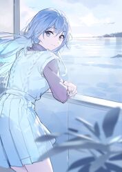 Rule 34 | 1girl, arm support, blue hair, blue sky, closed mouth, cloud, cloudy sky, cowboy shot, day, floating hair, from behind, hair between eyes, high-waist skirt, highres, horizon, idolmaster, idolmaster shiny colors, leaning forward, long hair, looking at viewer, ocean, on railing, outdoors, plant, pleated skirt, potted plant, purple eyes, purple shirt, railing, shirt, sidelocks, simple bird, skirt, sky, smile, solo, suzuki hana, sweater vest, turtleneck, turtleneck shirt, white skirt, white sweater vest, zhili xingzou