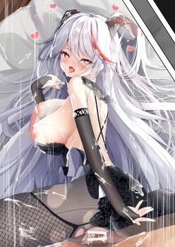 1boy 1girl aegir_(azur_lane) alternate_costume azur_lane backless_dress backless_outfit bar_censor bare_shoulders bareback black_dress black_gloves breasts bridal_gauntlets censored cum cum_on_body cum_on_breasts cum_on_clothes cum_on_hair cum_on_upper_body dress fine_fabric_emphasis gloves hair_on_horn heart heart-shaped_pupils hetero large_breasts long_hair looking_at_viewer lying madotsukumo male_pubic_hair motion_lines multicolored_hair on_side penis pubic_hair red_hair sex symbol-shaped_pupils torn_clothes torn_legwear two-tone_hair vaginal very_long_hair white_hair yellow_eyes