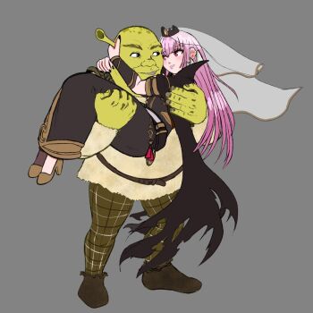 1boy 1girl bald black_dress black_nails blunt_bangs cape carrying colored_skin crossover dress green_skin hair_behind_ear head_grab high_heels hololive hololive_english mori_calliope nail_polish ogre peagade pink_hair princess_carry shrek shrek_(series) smile tiara veil virtual_youtuber