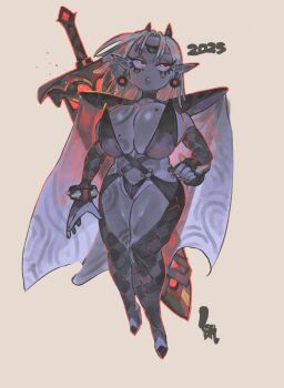 1girl 2025 armor bikini_armor black_choker black_sclera bracelet breast_tattoo breasts bridal_gauntlets cape choker cleavage colored_sclera commentary demon_horns earrings english_commentary female_pubic_hair fingernails full-body_tattoo full_body glowing glowing_hot glowing_sword glowing_weapon half-closed_eyes highres horns huge_breasts huge_weapon jewelry keziedra leg_tattoo long_eyelashes long_pointy_ears mamba_(keziedra) mole mole_on_breast mole_under_eye monochrome multiple_moles nail_polish original outline parted_lips pauldrons pointy_ears pubic_hair pubic_hair_peek red_light red_outline scabbard sheath sheathed short_hair shortstack shoulder_armor sideboob solo sphere_earrings spiked_bracelet spikes spot_color sword sword_on_back tattoo thighhighs third_eye weapon weapon_on_back