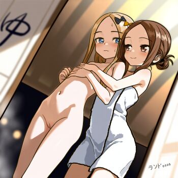 2girls abigail_williams_(fate) absurdres bare_shoulders blonde_hair blue_eyes blush bow brown_eyes brown_hair crossover fate/grand_order fate_(series) flat_chest forehead grabbing_from_behind groin hair_bow hair_bun hand_on_another's_chest highres karakai_jouzu_no_takagi-san lander0808 loli long_hair multiple_girls naked_towel navel nude nude_filter pussy revision ribbon smile stomach takagi-san thighs third-party_edit topless_female towel uncensored underwear yuri
