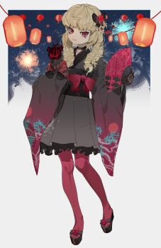 1girl absurdres black_kimono blonde_hair blonde_ojousama_(sagix) commentary_request commission drill_hair fireworks full_body gloves hand_fan highres holding holding_fan japanese_clothes kimono lace lace_gloves lantern long_hair looking_at_viewer night okobo original pantyhose paper_lantern pixiv_commission platform_sandals red_eyes red_pantyhose sandals shimiya_jin smile solo stuffed_animal stuffed_toy summer_festival teddy_bear yukata