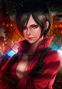 1girl ada_wong black_gloves black_hair bob_cut breasts burning cleavage female_focus fence gloves jewelry light_smile lips looking_at_viewer magion02 medium_breasts necklace parted_lips red_eyes resident_evil resident_evil_6 short_hair solo unbuttoned unbuttoned_shirt