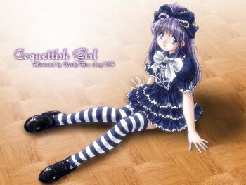 1girl artist_name bad_id black_shoes blue_bow blue_eyes blue_shirt blue_skirt blue_thighhighs bow bowtie english_text frilled_skirt frilled_sleeves frills full_body hair_bow lace-trimmed_bow lace_trim loafers lolita_fashion looking_at_viewer miniskirt on_floor open_mouth original puffy_short_sleeves puffy_sleeves purple_hair shirt shoes short_sleeves sitting skirt smile solo striped_clothes striped_thighhighs thighhighs white_bow white_bowtie woody-rinn