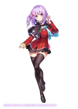 1girl aqua_necktie black_capelet black_shoes black_skirt black_thighhighs blazer bow capelet commentary_request hair_bow highres jacket lilia_(twinkle_star_knights) loafers mafuyun miniskirt necktie official_art pink_bow purple_eyes purple_hair shoes skirt smile thighhighs twinkle_star_knights