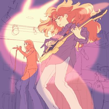 2girls 55bata6rou black_shirt collared_shirt drum drum_set feet_out_of_frame guitar hasekura_yokiko highres holding holding_guitar holding_instrument holding_microphone_stand hosaka_mao indoors instrument kuuden_no_himegimi long_sleeves microphone_stand multiple_girls music orange_hair pants partially_colored playing_guitar playing_instrument purple_background shirt spotlight stage stage_lights standing white_pants