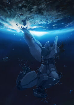 00s blue_theme damaged debris earth_(planet) floating highres hoshi_no_koe mecha no_humans planet robot space spoilers totuka
