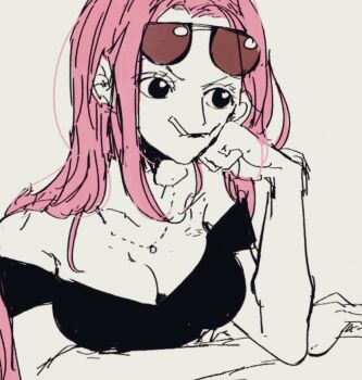1girl bare_shoulders cigarette closed_mouth commentary eyewear_on_head head_rest hebi_d_hebi hina_(one_piece) jewelry long_hair looking_to_the_side necklace one_piece pink_hair sidelocks simple_background symbol-only_commentary