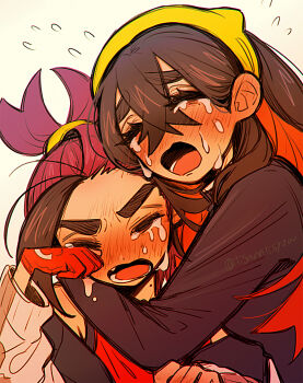 Rule 34 | 1boy, 1girl, absurdres, arms around neck, blue gakuran, blueberry academy school uniform, brother and sister, carmine (pokemon), colored inner hair, crossed bangs, crying, flying sweatdrops, gloves, hair behind ear, hair between eyes, hairband, highres, hug, kieran (pokemon), long hair, loose hair strand, mole, mole on neck, mole under eye, multicolored hair, nintendo, open mouth, pokemon, pokemon sv, ponytail, red gloves, red tank top, school uniform, siblings, single glove, tank top, tears, thick eyebrows, tisanntisyou, two-tone hair, wiping tears, yellow hairband