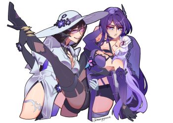 3girls acheron_(honkai:_star_rail) artist_name black_hair black_swan_(honkai:_star_rail) boots breasts claws cleavage commentary dancing demon_horns detached_sleeves dress english_commentary flower gloves hair_ornament hat high_heel_boots high_heels highres honkai:_star_rail honkai_(series) horns large_breasts long_hair manggacue multiple_girls pantyhose purple_eyes purple_hair strap the_dahlia_(honkai:_star_rail) veil white_background white_dress yuri