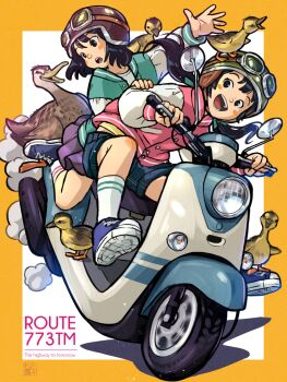 2girls :d animal animal_on_head baby_animal bird black_hair blue_shoes blue_shorts border duck duckling goggles goggles_on_headwear green_jacket helmet highres jacket medium_hair motor_vehicle multiple_girls nanami_tomorou on_head open_mouth original pink_jacket purple_skirt scooter shoes shorts skirt smile smoke twintails white_background yellow_border