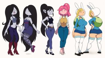 3girls adventure_time alternate_costume animal_hood ass backpack bag bare_arms bare_shoulders belt belt_buckle black_footwear black_hair blonde_hair blue_shirt blue_skirt boots breasts brown_belt brown_footwear buckle capri_pants colored_skin covered_navel crop_top curvy demon_girl denim dress fionna_campbell floating full_body grey_skin hand_on_own_hip hat high_heels high_ponytail hood large_breasts legs_together long_hair marceline_abadeer medium_breasts microskirt midriff multiple_girls multiple_views navel no_socks open_shoes pants pantyhose pencil_skirt pink_hair pink_skin pointy_ears ponytail princess_bonnibel_bubblegum rabbit_ears rabbit_hood shirt short_dress skindentation skirt strapless strapless_dress striped_clothes striped_pantyhose tank_top thighhighs very_long_hair white_background white_thighhighs yuta_agc zettai_ryouiki