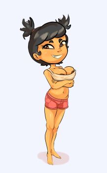 asian ass black_hair bra breasts cat-o-ninetails clothes feet highres large_breasts nipples shorts simple_background thighs toes underwear waist