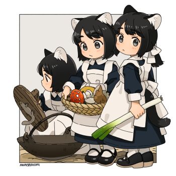3girls :< akai_sashimi animal_ear_fluff animal_ears apron basket black_hair black_shoes blue_dress blush border cat_ears cat_tail closed_mouth commentary_request cooking_pot dress food full_body grey_background grey_eyes holding holding_basket holding_food holding_vegetable lizard long_sleeves looking_at_viewer looking_to_the_side maid maid_apron mary_janes multiple_girls mushroom original outside_border ponytail shoes short_hair signature socks spring_onion tail vegetable white_border white_socks