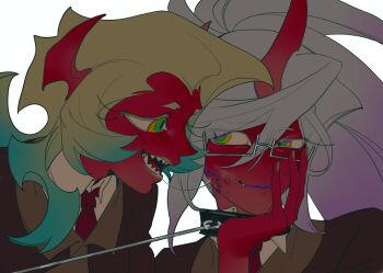 2girls blue_hair colored_skin demon_girl demon_horns green_hair guru.zong hashtag-only_commentary highres holding holding_leash horns kneesocks_(psg) leash long_hair looking_at_another multiple_girls panty_&amp;_stocking_with_garterbelt red_skin saliva saliva_trail scanty_(psg) yuri