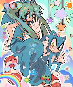 1boy 1girl animal_ears aqua_hair blandboyx blue_hoodie blue_pants commentary cosplay crossover english_commentary furry furry_male gloves green_eyes hatsune_miku hatsune_miku_(sonic_style) heart hedgehog_boy highres hood hoodie long_hair looking_at_viewer official_alternate_costume pants project_diva_(series) project_diva_extend rainbow red_shoes shoes sneakers sonic_(series) sonic_the_hedgehog sonic_the_hedgehog_(cosplay) sticker tail twintails very_long_hair vocaloid white_gloves