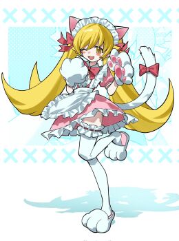 1girl ;d animal_ear_hairband animal_ears animal_hands apron bell blonde_hair blush_stickers border bow bowtie buttons cat_ear_hairband cat_ears commentary_request dot_nose dress dress_shirt fake_animal_ears fang flat_chest flipped_hair frilled_apron frilled_dress frilled_hairband frilled_straps frills full_body gloves hair_between_eyes hair_flaps hair_ribbon hairband halftone halftone_background hands_up highres jingle_bell long_hair looking_at_viewer maid maid_headdress monogatari_(series) myuga66666 one_eye_closed open_mouth oshino_shinobu paw_gloves paw_shoes pink_dress pointy_ears puffy_short_sleeves puffy_sleeves red_bow red_bowtie red_ribbon ribbon ringed_eyes shadow shirt shoes short_sleeves sidelocks smile solo standing standing_on_one_leg tail tail_bow tail_ornament thigh_strap thighhighs twintails twitter_username very_long_hair waist_apron white_apron white_border white_gloves white_hairband white_shirt white_shoes white_tail white_thighhighs x_(symbol) yellow_eyes zoom_layer