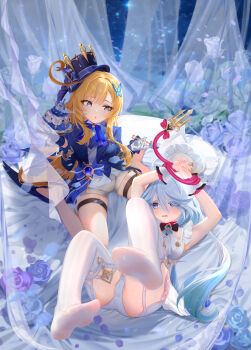 2girls absurdres apron arms_up ascot barefoot blonde_hair blue_eyes blue_hair bound bound_wrists breasts brooch butterfly_hair_ornament cake cameltoe cosplay costume_switch cowlick curtains drop-shaped_pupils escoffier_(genshin_impact) falling_petals flower food fork from_above full_body furina_(genshin_impact) furina_(genshin_impact)_(cosplay) genshin_impact gloves green_eyes hair_intakes hair_ornament half_gloves hands_up hat heart heart_in_eye highres holding holding_fork jacket jewelry long_hair long_sleeves looking_at_another lying mechanical_tail medium_breasts multicolored_hair multiple_girls no_shoes on_back panties parted_bangs parted_lips petals pou_bao raised_inner_eyebrows restrained rose see-through_clothes see-through_thighhighs sharp_tail short_shorts shorts sitting soles sweat symbol-shaped_pupils symbol_in_eye tail tail_wrap thigh_strap thighhighs top_hat underwear very_long_hair wariza wet wet_clothes wet_thighhighs white_hair white_panties white_thighhighs wrist_cuffs yuri