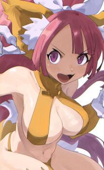 1girl ako_(hoshiya_830) animal_ears animal_hands body_fur breasts cat_ears cat_girl claws cleavage disgaea fang fingernails fur_panties high_ponytail highres large_breasts long_fingernails long_hair looking_at_viewer makai_senki_disgaea navel nekomata_(disgaea) open_mouth pink_hair ponytail purple_eyes sharp_fingernails solo upper_body v-shaped_eyebrows