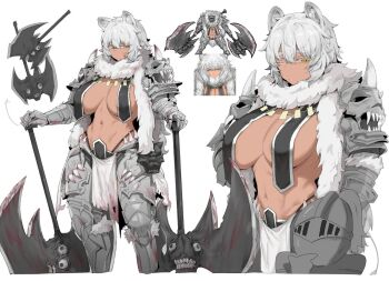1girl animal_ear_fluff animal_ears armor axe black_souls black_souls_2 breast_curtains breasts dark-skinned_female dark_skin dual_wielding fur_collar gauntlets greaves gurenola hair_between_eyes holding holding_axe large_breasts leiden_(black_souls) lion_ears lion_girl long_hair muscular muscular_female navel one_eye_closed pauldrons shoulder_armor sidelocks solo white_hair yellow_eyes