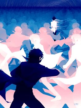 2boys black_coat black_hair coat commentary disintegration english_commentary from_behind highres kim_dokja male_focus multiple_boys multiple_views night omniscient_reader's_viewpoint open_clothes open_coat outstretched_arm popped_collar reaching reaching_towards_another recurring_image short_hair sky standing star_(sky) star_trail starry_sky t_kwa too_many_clones white_coat wind wind_lift yoo_joonghyuk