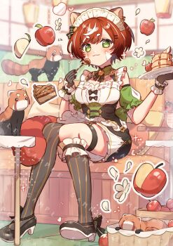 1girl :3 apple asymmetrical_legwear black_shoes blush breasts closed_mouth commentary_request commission detached_sleeves dress food fork frilled_dress frilled_sleeves frilled_socks frills fruit full_body green_dress green_eyes green_sleeves hair_ornament hairclip holding holding_fork holding_plate large_breasts looking_at_viewer maid maid_headdress multicolored_hair original pancake parallel_hairclips plate red_hair red_panda_ears red_panda_girl red_panda_tail sample_watermark shoes short_hair short_sleeves single_sock single_thighhigh sitting skeb_commission sleeveless sleeveless_dress socks solo streaked_hair striped_clothes striped_socks striped_thighhighs thigh_strap thighhighs tsukumi_bis uneven_legwear watermark white_streaks
