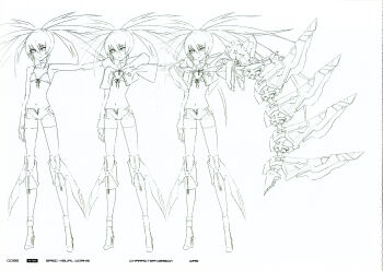 1girl absurdres bikini bikini_top_only black_rock_shooter black_rock_shooter_(game) choker concept_art flat_chest high_heels highres huke incredibly_absurdres long_hair mechanical_wings no_shirt production_art short_shorts shorts swimsuit twintails white_rock_shooter wings