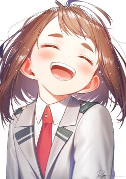 1girl blush boku_no_hero_academia brown_hair closed_eyes collared_shirt grey_jacket highres jacket laughing medium_hair necktie open_mouth red_necktie ryota_(ry_o_ta) school_uniform shirt signature smile solo suit_jacket thick_eyebrows u.a._school_uniform upper_body uraraka_ochako white_background white_shirt