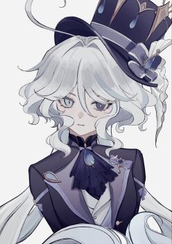 1girl ahoge ascot blue_ascot blue_eyes blue_gem blue_hair blue_hat blue_jacket blue_pupils bow closed_mouth drop-shaped_pupils furina_(genshin_impact) gem genshin_impact hair_between_eyes hair_intakes hashtag-only_commentary hat hat_bow heterochromia highres jacket long_hair looking_at_viewer mismatched_pupils multicolored_hair shirayuki_(shi_rayu_ki) simple_background solo streaked_hair symbol-shaped_pupils top_hat upper_body vest wavy_hair white_background white_hair white_vest