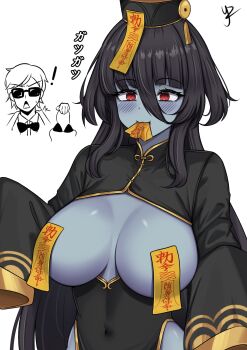 absurdres black_hair blue_skin blush breasts china_dress chinese_clothes colored_skin covered_erect_nipples cum cum_on_body dress facial happy_facial highres large_breasts long_hair ofuda red_eyes topless_female very_long_hair yamada_tae yukaraishin zombie zombie_land_saga