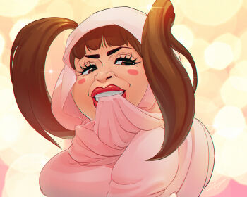 1girl bad_id bad_pixiv_id biting biting_clothes blunt_bangs blush_stickers brown_eyes brown_hair dress eyelashes lipstick long_hair makeup one_piece pink_dress red_lips shinobu_(one_piece) smile solo teeth thick_eyebrows twintails zitszy