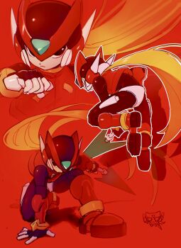 Rule 34 | 1boy, android, blonde hair, boots, energy blade, energy sword, full body, hand on ground, helmet, highres, holding, holding weapon, jumping, long hair, male focus, mega man (series), mega man zero (series), multiple views, noro zt, on one knee, red background, red vest, sword, vest, weapon, z saber, zero(z) (mega man), zero (mega man)