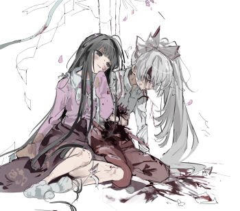 2girls black_hair blood blood_in_hair blood_on_arm blood_on_clothes blood_on_face blood_splatter blood_stain blush bow cherry_blossoms empty_eyes fujiwara_no_mokou hair_bow highres hime_cut houraisan_kaguya injury long_hair long_skirt long_sleeves multiple_girls ofuda ofuda_on_clothes open_mouth pain pants pink_shirt red_eyes red_pants sesmkun shirt skirt smile socks suspenders touhou very_long_hair white_bow white_hair wide_sleeves