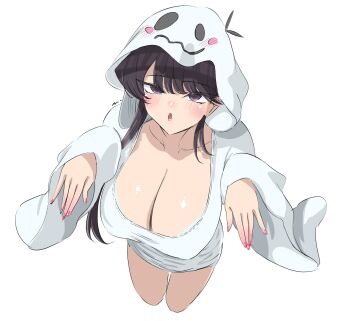1girl black_hair breasts cleavage ghost_costume ghost_pose highres hood hood_up huge_breasts komi-san_wa_komyushou_desu komi_shouko light_blush looking_at_viewer mitsugu open_mouth pink_nails purple_eyes simple_background solo white_background