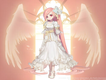 1girl absurdly_long_hair alternate_hair_length alternate_hairstyle anais_del_caril ankle_bow ankle_ribbon arched_window arms_at_sides artist_name bow breasts caesty collarbone commentary company_name copyright_notice dated_commentary dress english_commentary english_text feathered_wings feathers flower frilled_dress frills front_bow full_body hair_bow hair_flower hair_ornament hair_ribbon head_tilt high_heels juliet_sleeves layered_dress legs_together light_smile long_hair long_sleeves looking_at_viewer medium_breasts muntins nexon official_art pink_background pink_eyes pink_hair puffy_sleeves pumps ribbon rose simple_background sleeve_bow solo standing straight_hair swept_bangs tales_weaver three-quarter_sleeves tied_sleeves transparent_wings very_long_hair waist_bow watermark web_address white_bow white_dress white_feathers white_flower white_rose white_wings wide_sleeves window window_light wings yellow_bow yellow_ribbon