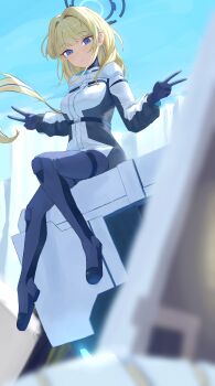 absurdres black_jacket blonde_hair blue_archive blue_eyes blue_gloves blue_halo blue_pants blush closed_mouth commentary_request double_v expressionless gloves halo herakuchi highres jacket long_hair multicolored_jacket official_alternate_costume official_alternate_hairstyle pants partial_commentary sitting smile toki_(armed)_(blue_archive) toki_(blue_archive) v white_jacket